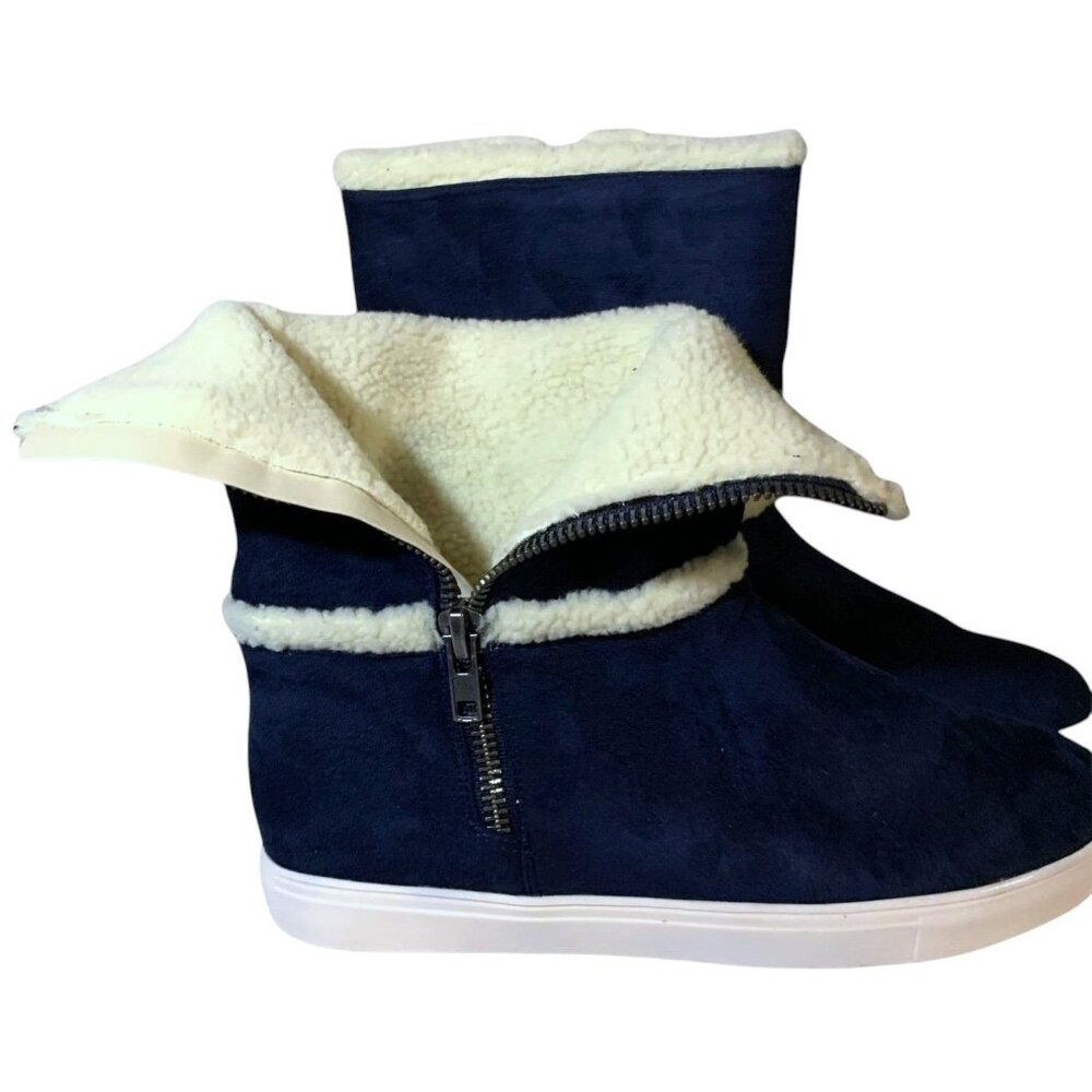 JustFab Romella Navy Faux Suede Boots With Faux Fur Lining & Side Zipper Size 11 - Picture 5 of 8